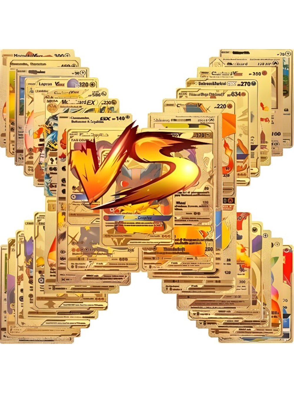 55 PCS Gold Cards Packs Vmax V EX GX Rare Golden Cards Deck Box Gold Foil Card